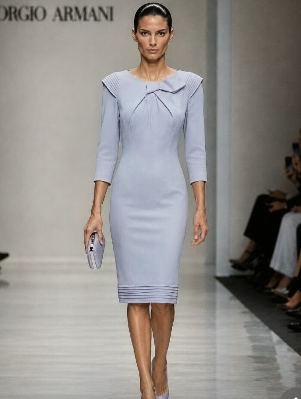 Giorgio Armani Silk Pale Lilac Blue Midi Sheath Pleated Hemline Shoulder Dress L